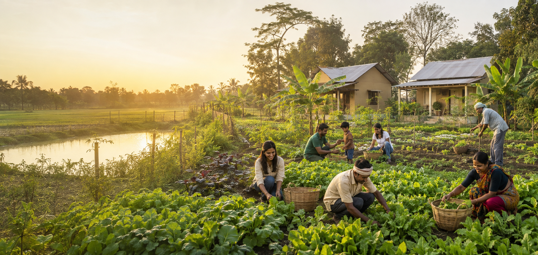 Integrated farm landscape with visitors and rural cottages