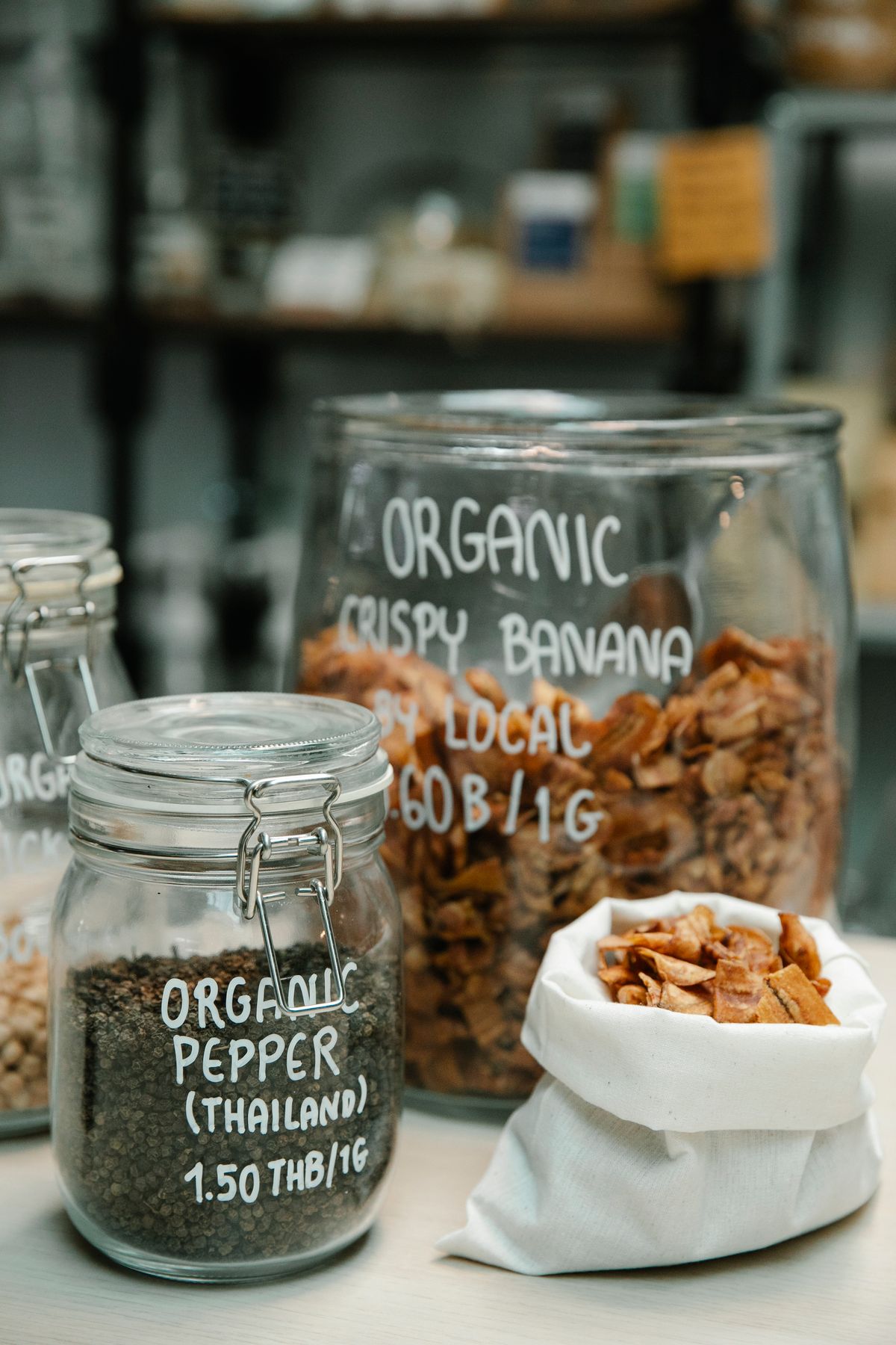 Branded organic farm products displayed for sale